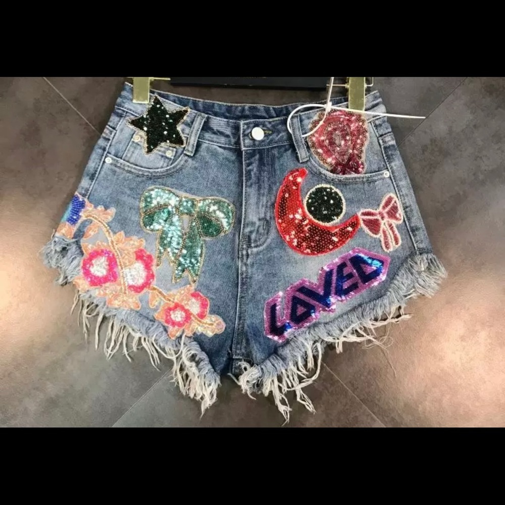 Denim Sequin Shorts
